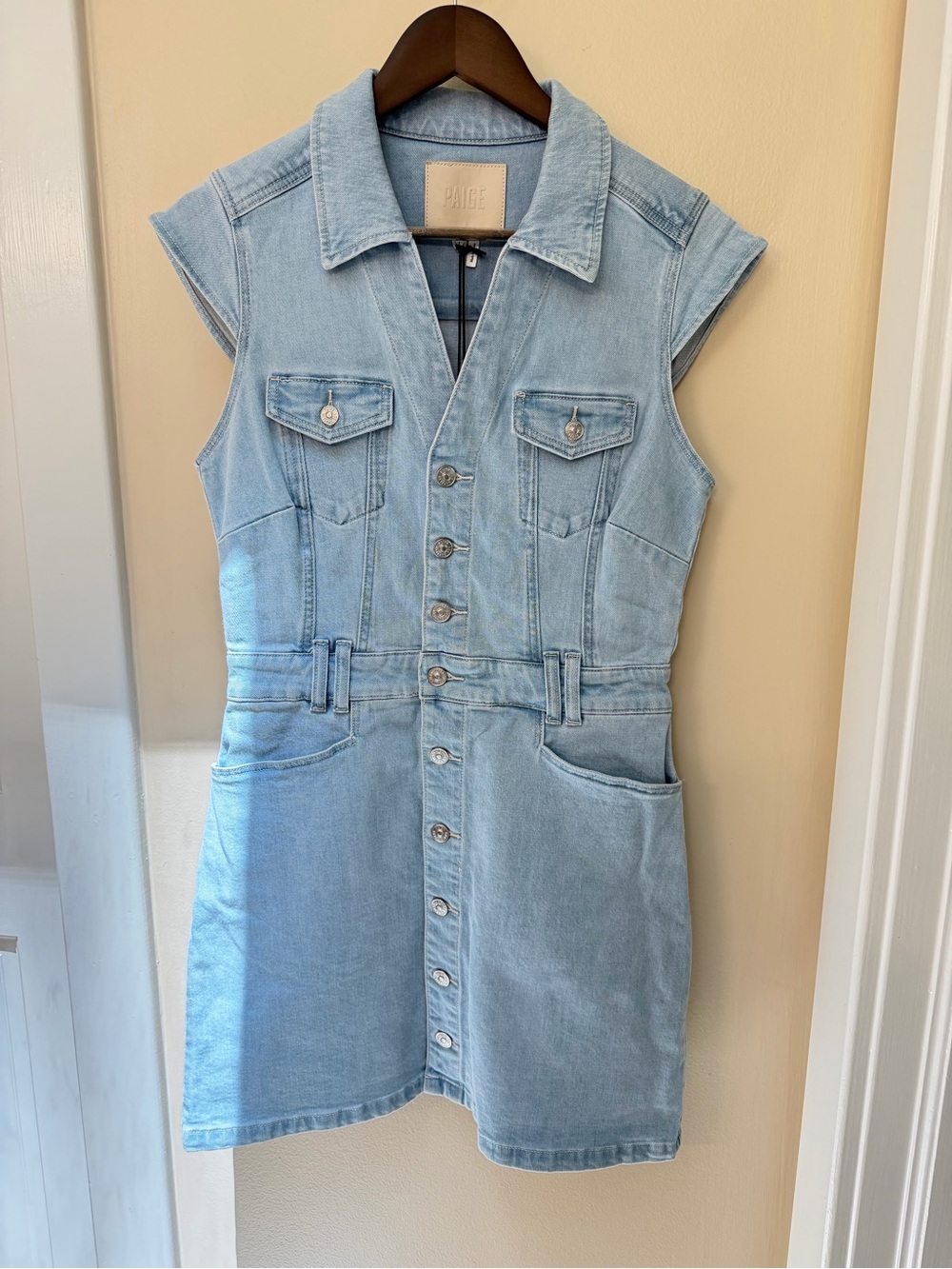 PAIGE Jaxsyn Light Wash Denim Mini Dress with Button Front